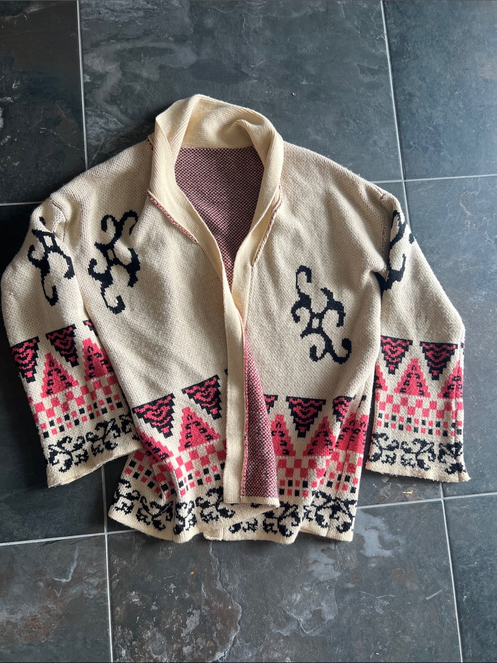 Hippy smoking jacket style cardigan sweater acrylic sweater boho tribal pattern